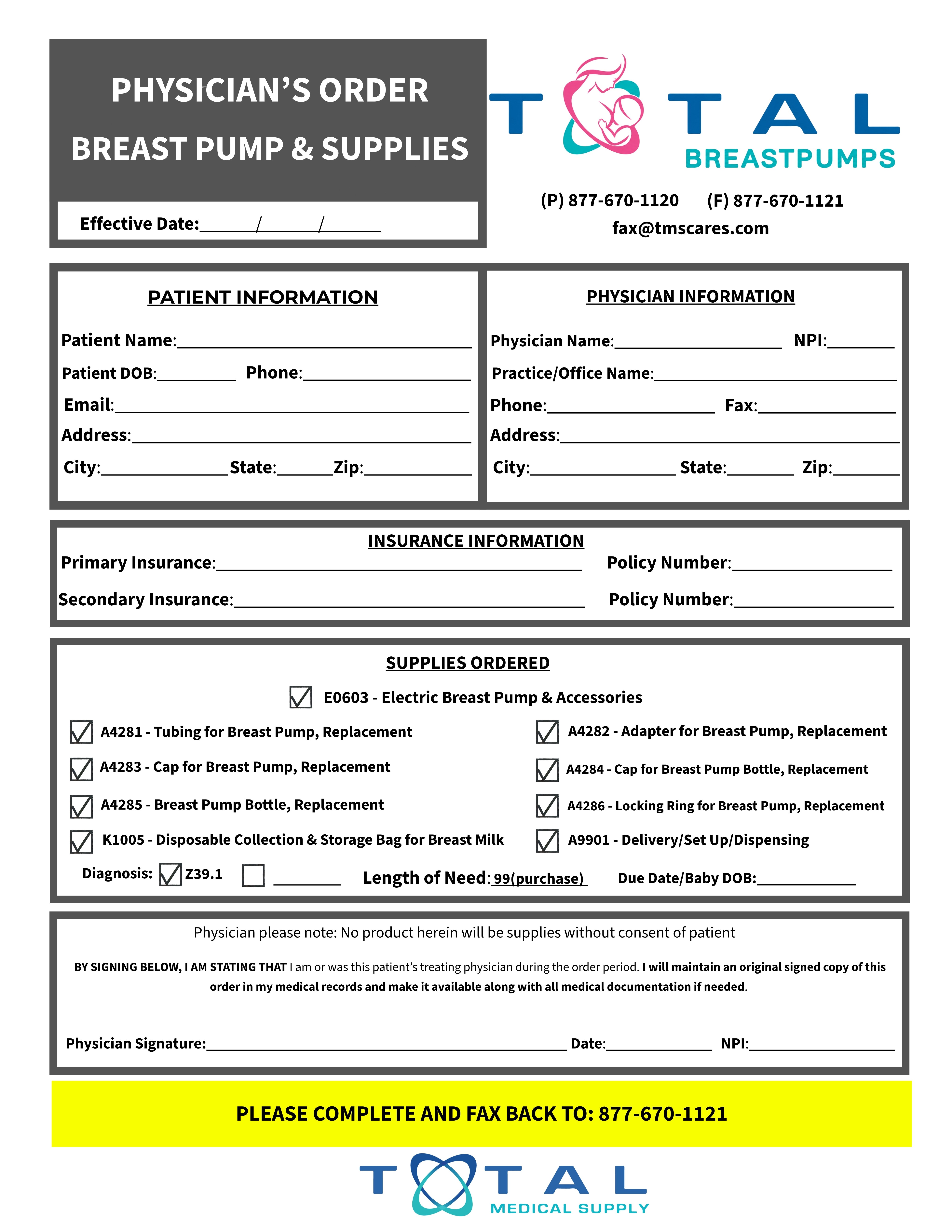 Physicians Order for Breast Pumps